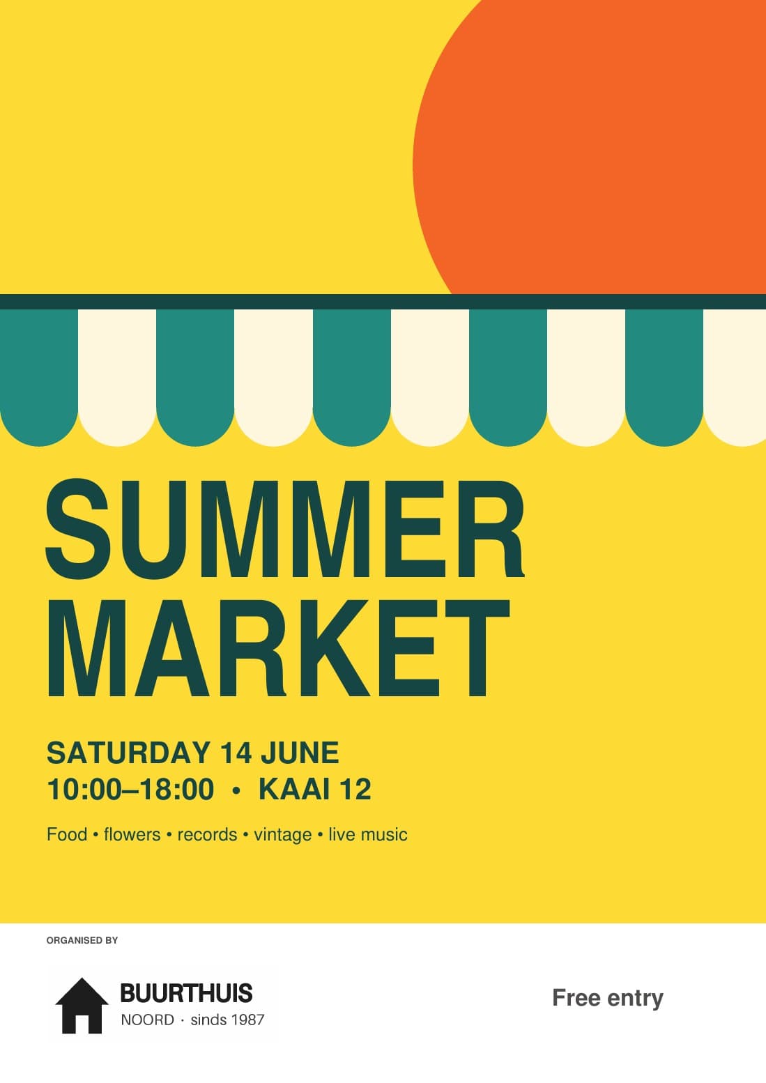 Summer Market, an A3 event poster in yellow, orange and teal. An example file made for this page.
