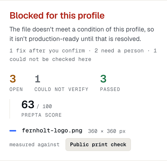 Blocked for this profile The file doesn't meet a condition of this profile, so it isn't production-ready until that is resolved. 1 fix after you confirm · 2 need a person · 1 could not be checked here 3 OPEN 1 COULD NOT VERIFY 3 PASSED 63/ 100 PREPTA SCORE fernholt-logo.png 360 × 360 px measured against Public print check