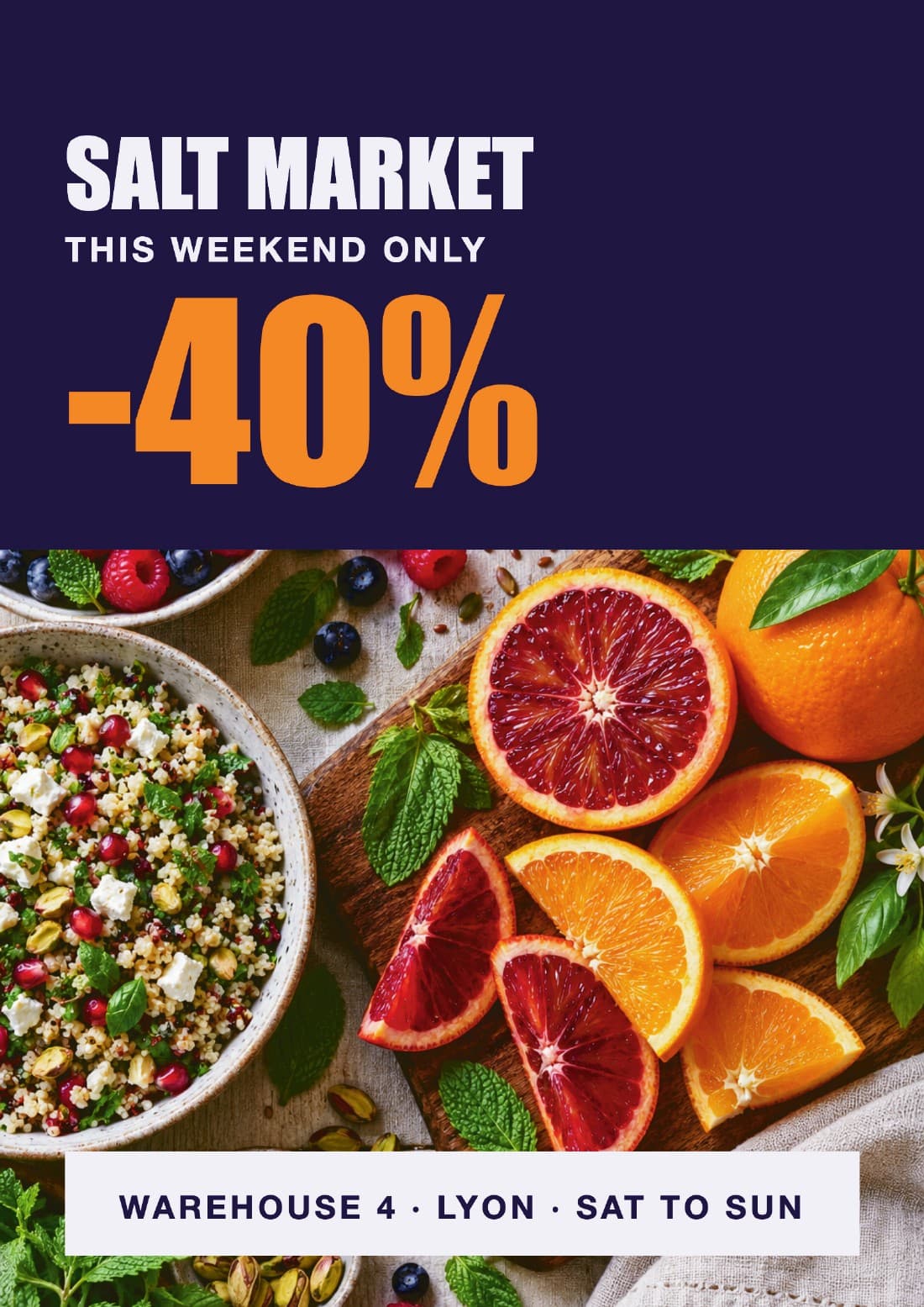 SALT MARKET promo flyer, A4: a food photograph under the headline “-40%”. An example file made for this page.